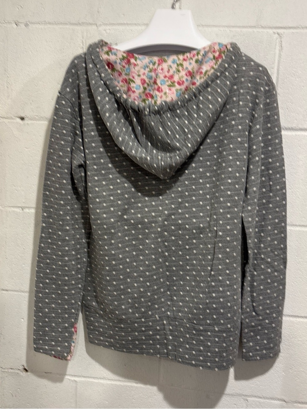 Ampersand Avenue gray polka dot doubleHood 1/4 zip floral cuffs hoodie size M - Picture 9 of 9